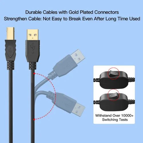 Miniatura 6 de Cable de impresora 2 en 1 a USB de 8.2 pies, 8.2 ft, A a B macho a macho, divisor para dos computadoras, compatible con Inkless, DTG, MacBook Pro