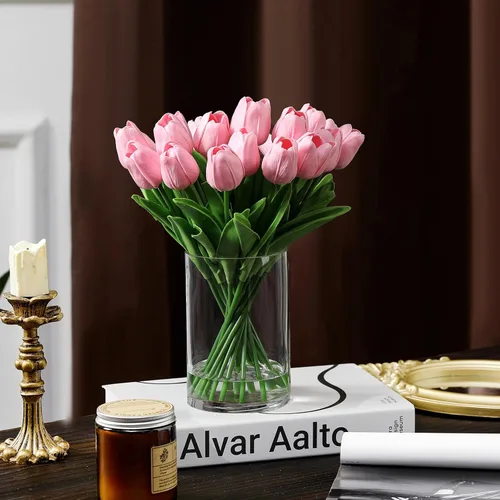 Miniatura 5 de 20 piezas de tulipanes de tacto real en jarrón, arreglos de tulipanes falsos con jarrón y agua falsa para decoración del hogar, mesa de comedor Rosa