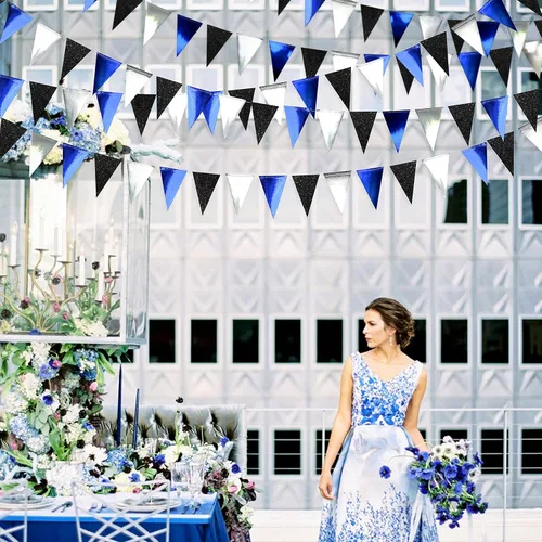 Miniatura 6 de Decoraciones de fiesta de 30 pies azul marino, negro y plateado, bandera triangular azul real, banderín con banderines para graduación, cumpleaños