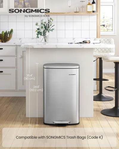 Miniatura 2 de SONGMICS Cubo de basura de 13 galones (50 L), cubo de basura de cocina de acero inoxidable, reciclaje o contenedor de residuos, cierre suave, pedal