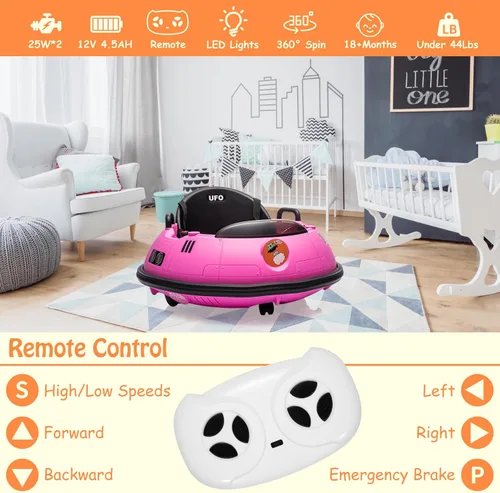 Miniatura 4 de Coche de parachoques eléctrico de 12 V para niños pequeños, con control remoto, giro de 360 grados, luces LED, joysticks duales, cinturón de Rosa