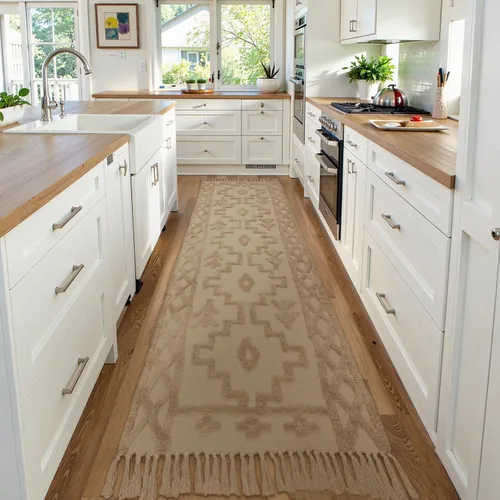 Miniatura 27 de Uphome Alfombra bohemia para pasillo de 2 x 6 pies, color beige, de algodón, lavable, con borlas, tejida a mano, alfombra de pasillo occidental