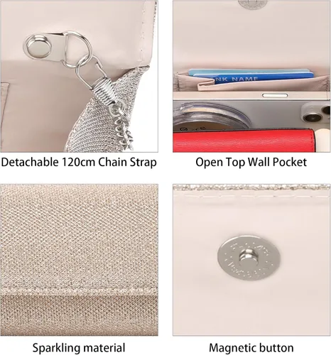 Miniatura 4 de Bolsos de mano para mujer, bolso de noche con cadena desmontable para mujer, bolso de fiesta brillante para mujer, bolsas de boda