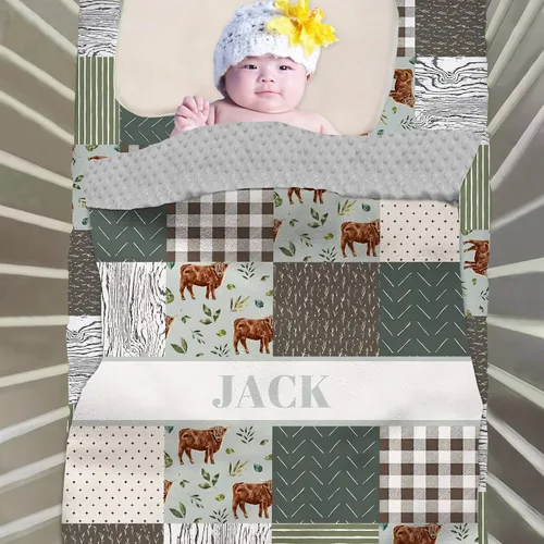 Miniatura 3 de Juego de cama personalizado para bebé, edredón para cuna con nombre personalizado y sábana bajera para niños y niñas, color verde vaca de tierra