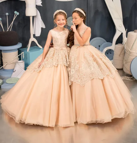 Miniatura 4 de Uzqast Apliques de encaje vestidos de niña de flores de tul princesa vestido de fiesta de boda con cinturón de perlas
