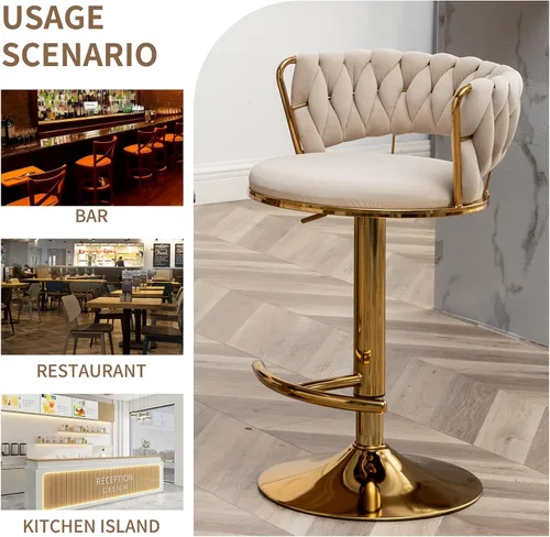 Miniatura 7 de Taburetes de bar dorados juego de 2, taburetes de bar de terciopelo giratorios con respaldo tejido, taburetes ajustables para isla de cocina, Beige
