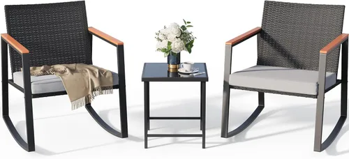 Gizoon Juego de 3 piezas de bistró de patio mecedora con reposabrazos antiquemaduras, juego de muebles de mimbre para patio al aire libre con mesa
