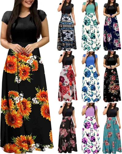 Miniatura 5 de NIUQI Vestido largo con estampado floral para mujer, cintura imperio, cuello redondo, patchwork, estampado