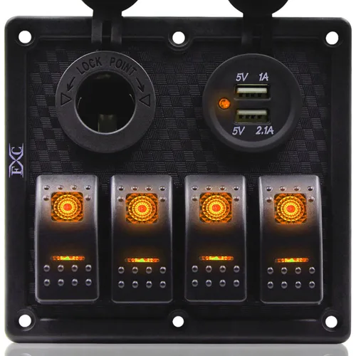 FXC Panel de interruptor basculante impermeable naranja para botes marinos de 4 bandas con doble ranura USB, enchufe para encendedor de cigarrillos,