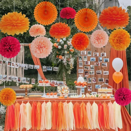 Miniatura 5 de Envibe Decoraciones de fiesta naranja – Pompones de papel de seda para novia, bebé, bodas y fiestas de cumpleaños – 34 piezas de decoración de boda