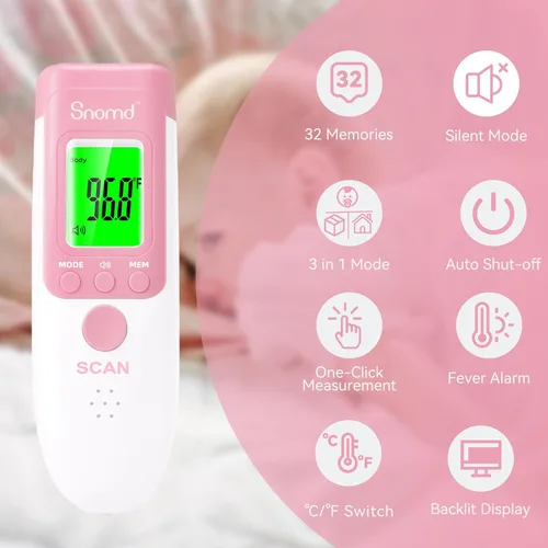 Miniatura 2 de Termómetro digital infrarrojo sin contacto para la frente para adultos, niños y bebés, termómetro médico de grado 3 en 1 con indicador de fiebre