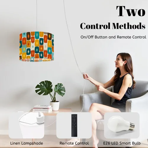 Miniatura 3 de Boho Plug in Pendant Light Mid Century Modern Art Abstract Geometric Seamless 16.4ft Plug in Cord Dimmable Hanging Lamp Fabric Lamp Shade Pendant