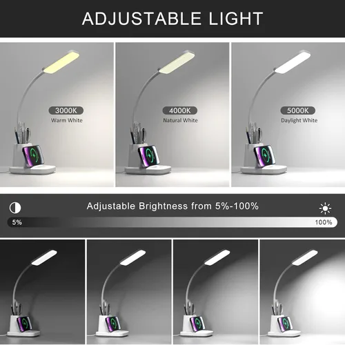 Miniatura 4 de Lámpara de escritorio con cargador inalámbrico, lámparas de escritorio LED para oficina en casa con soporte para bolígrafo, 800 lm, 3 modos