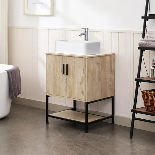 Miniatura 36 de UEV Tocador de Baño de Roble Rústico de 24" con Lavabo, Conjunto de Gabinete de Baño con Marco de Hierro Industrial con Puertas y Estante, con Combo