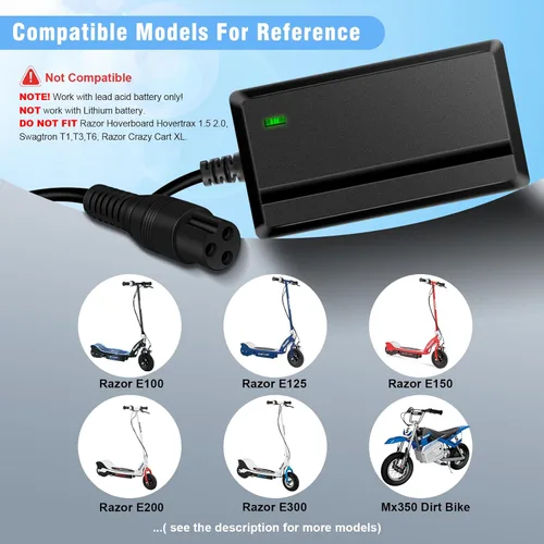 Miniatura 3 de Cargador de 24 V para scooter eléctrico Razor MX350 Scooter eléctrico Dirt Bike E100 E175 E200 E200S E300 E300S E500 Pocket Mod, Sports Mod y Dirt
