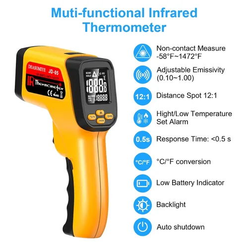 Miniatura 2 de Pistola termómetro infrarroja sin contacto, alta precisión -58°F a 1472°F, emisividad ajustable, termómetro IR con pantalla LCD retroiluminada