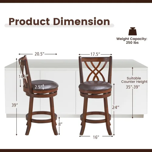 Miniatura 3 de COSTWAY Juego de 2 taburetes de bar, sillas giratorias de 360° con marco de madera de goma, asiento acolchado de piel sintética de 24 pulgadas