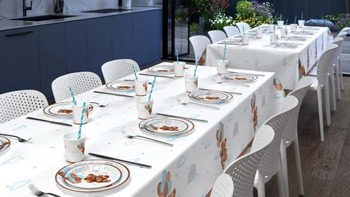 Miniatura 6 de Caisehabu 3 manteles de plástico para baby shower, con diseño de oso de peluche, estilo bohemio marrón y azul, suministros para decoración de fiesta