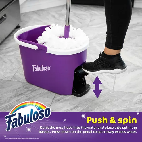 Miniatura 2 de Fabuloso Juego de trapeador giratorio y cubo, escurridor giratorio activado por pedal manos libres, poste ajustable, lavable a máquina y cabezal