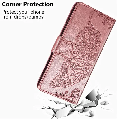 Miniatura 5 de Funda para Samsung Galaxy S21 FE, Samsung S21 FE 5G, piel sintética de alta calidad con diseño de mariposa en relieve, función atril, ranuras