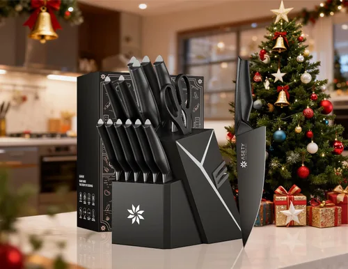 Miniatura 6 de Juego de cuchillos de cocina con bloque - Juego de 15 cuchillos con afilador incorporado, apto para lavavajillas, cuchillos de cocina de acero