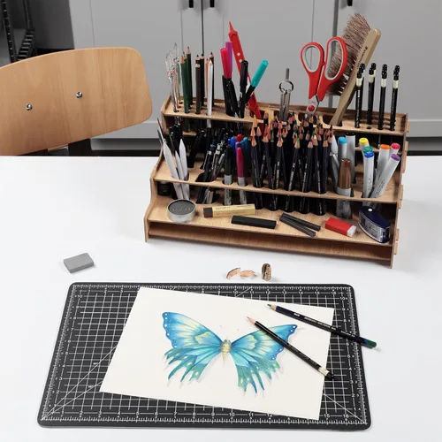 Miniatura 6 de Mezzo Artist Paint and Brush Rack - Soporte de Escritorio Multicapa de Laminado Veteado de Madera Organizador de Almacenamiento y Exhibición