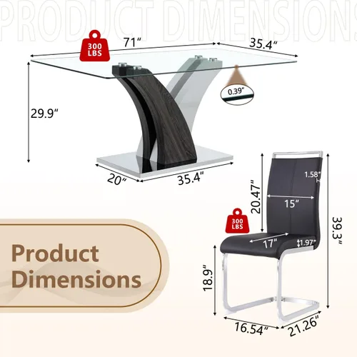 Miniatura 2 de Juego de mesa de comedor de cristal para 6, juego de mesa de cocina de 71 pulgadas para 6, juego de mesa de comedor grande con sillas de piel