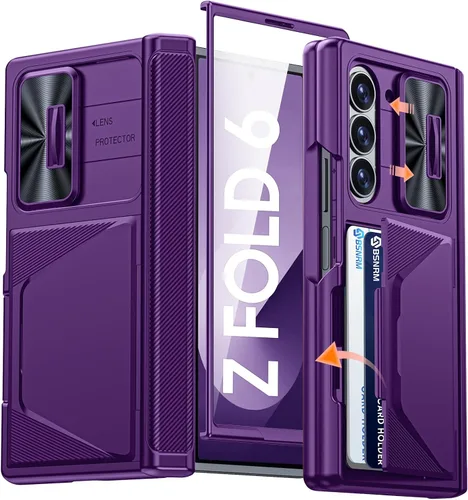 Miniatura 14 de Funda para Samsung Galaxy Z Fold 7 con tarjetero con bloqueo RFID, cubierta de lente deslizante integrada y protección de bisagra y protector