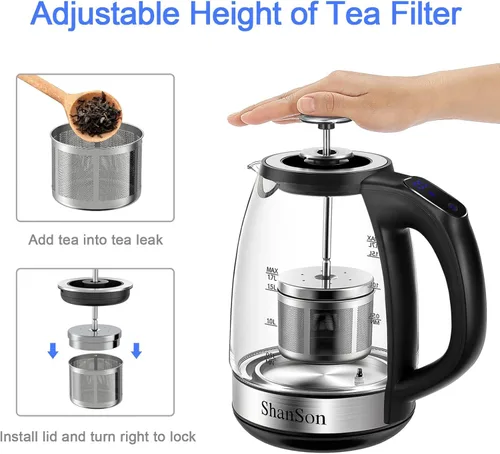 Miniatura 3 de ShanSon Hervidor eléctrico con infusor de té de 1,7 L, control de temperatura, hervidor de té eléctrico de vidrio de 1500 W, caldera de agua