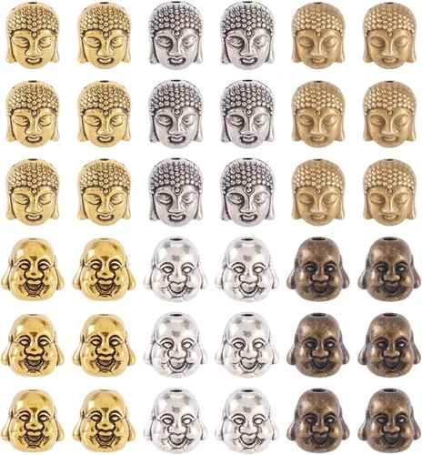 Miniatura 6 de Craftdady 60 cuentas espaciadoras de cabeza de Buda tibetano, 3 colores, cuentas de metal espiritual budista de 10-11x9-0.394 in de doble cara