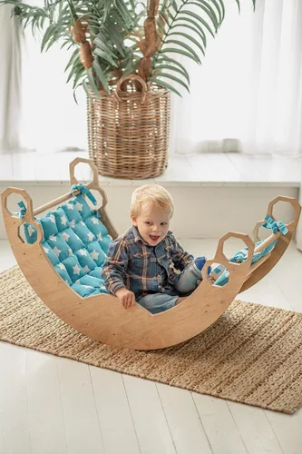 Miniatura 3 de WOOD&ROOM Arco de escalada de madera con cojín - Balancín escalador - Balancín de arco de madera interior con almohada - Puente Montessori