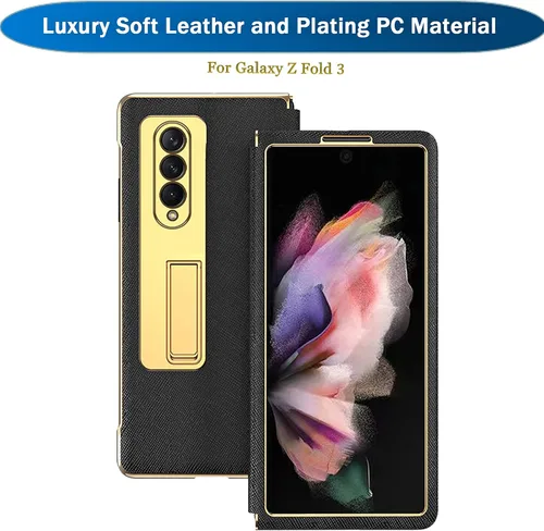 Miniatura 2 de Ninki Funda de cuero para Galaxy Z Fold 3 con función atril, color negro, cuero de lujo con PC a prueba de golpes y soporte de anillo protector