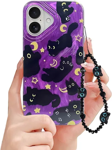 Miniatura 9 de Funda de teléfono para iPhone 11 con patrón de gato lindo, estética, genial y femenina con correa de encantos de teléfono y cadena, funda protectora