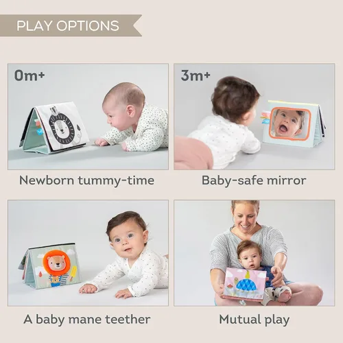 Miniatura 5 de Taf Toys Libro sensorial para el tiempo boca abajo con páginas arrugadas y texturas suaves, patrones de alto contraste, espejo seguro para bebés