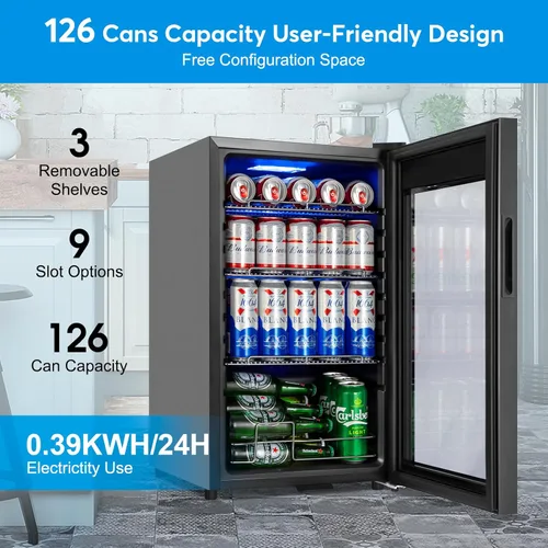 Miniatura 7 de Refrigerador de bebidas de 17 pulgadas de ancho – Enfriador de bebidas para 126 latas con puerta de vidrio Mini refrigerador de cerveza