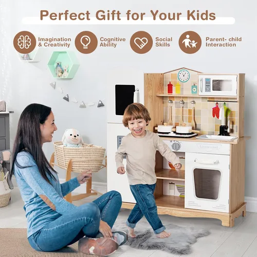 Miniatura 9 de HONEY JOY Juego de cocina para niños, cocina de madera para niños pequeños, microondas, grifo, estufa con luces, pizarra, armario de almacenamiento
