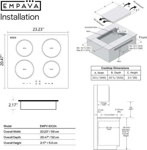Miniatura 7 de Empava - Anafe eléctrico de inducción de 24 pulgadas con 4 quemadores de potencia máxima, superficie lisa de vidrio cerámico vitro en negro, 61 cm