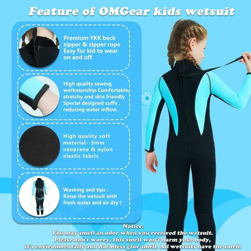 Miniatura 3 de OMGear Traje de neopreno corto de neopreno de una pieza para niños, de 0.18 pulgadas, 0.118 pulgadas, manga corta, con cremallera trasera, traje