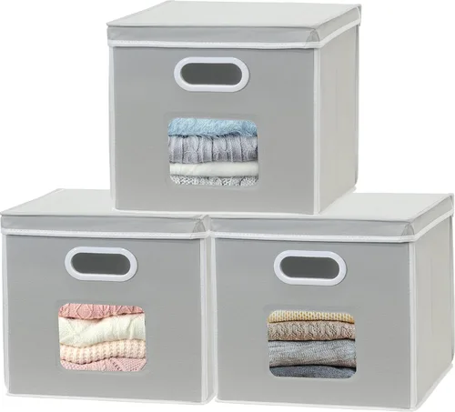 Miniatura 10 de Simple Houseware Contenedor de almacenamiento con ventana transparente, asas y tapa, paquete de 3, color gris