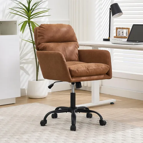 XIFAN - Silla de oficina de piel sintética con asiento acolchado grueso, giratorio de 360°, silla de escritorio ajustable en altura con base de