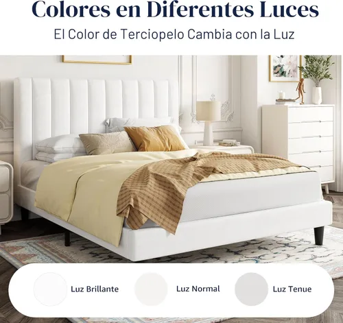 Miniatura 8 de Allewie - Base de cama tamaño Full con cabecera acolchada tapizada en terciopelo y diseño acanalado vertical; plataforma de cama con resistentes