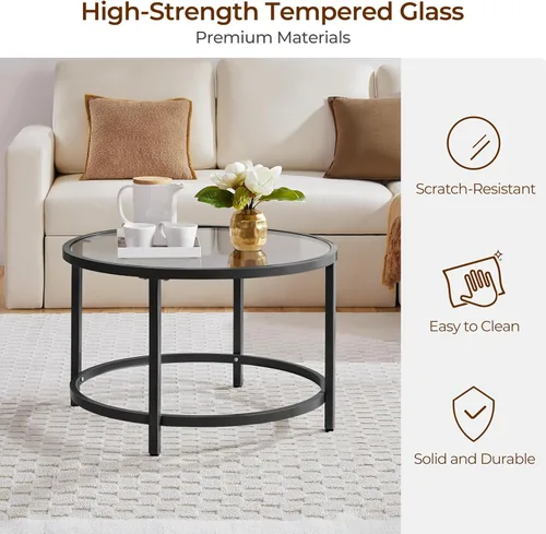 Miniatura 6 de Yaheetech Mesa de centro redonda de cristal de 27.6 pulgadas, mesa de centro pequeña para sala de estar, mesas de centro circulares negras con parte