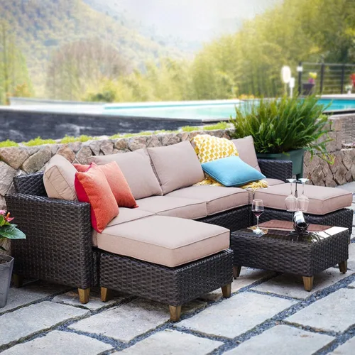 Grand patio Juego de muebles de exterior, muebles de mimbre para patio, sofá modular de 7 piezas con cojines gruesos de olefina para patio, jardín,