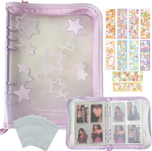 Miniatura 8 de Carpeta de tarjetas fotográficas Kpop 3 pulgadas Libro de soporte para tarjetas fotográficas Kpop con 50 fundas holográficas para tarjetas y Morado