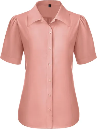 Miniatura 31 de Gleeivy Camisas de botones para mujer de manga corta abombada, camisas de vestir abotonadas con cuello ajustado, blusa superior de trabajo