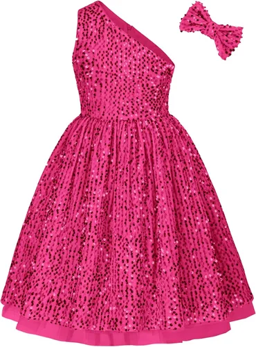 GRACE KARIN Vestido de lentejuelas para niñas, vestido de fiesta de boda de un hombro con lazo para el pelo, 5-12 años