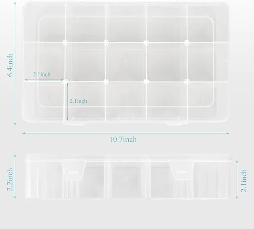 Miniatura 4 de ZUFECY Caja de aparejos de pesca, organizador transparente con 15 divisores ajustables, caja de almacenamiento para dispositivos, joyas, cebos