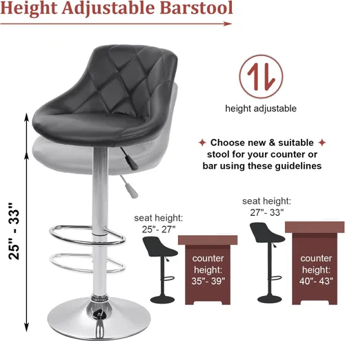 Miniatura 3 de TTY Store Juego de 2 taburetes de bar de piel sintética, modernos taburetes de bar giratorios de altura ajustable, sillas de bar con respaldo