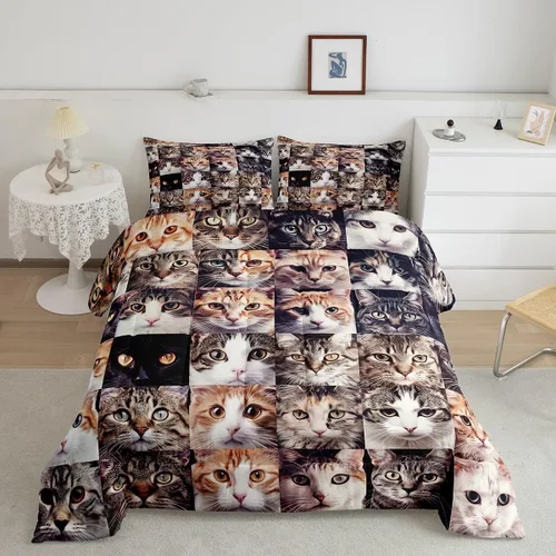 Miniatura 30 de Feelyou Juego de edredón para niños, diseño de gatos de dibujos animados, tamaño twin, lindo juego de ropa de cama de gatitos para adolescentes