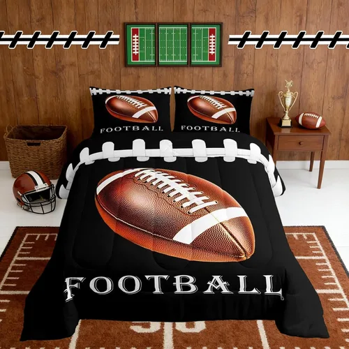 Miniatura 21 de Feelyou Juego de edredón de fútbol, tamaño individual, juego de ropa de cama deportiva de rugby para niños y niñas, color negro y marrón, edredón